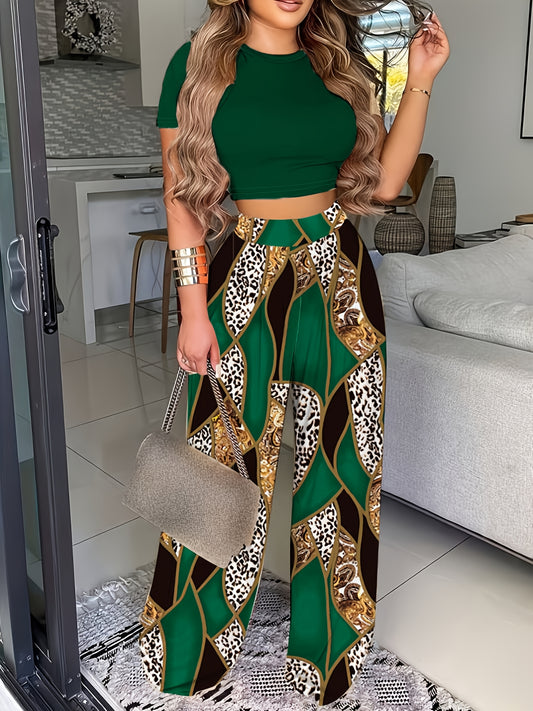 Summer Round Neck Petal Sleeve Vest Trousers Two-Piece Leopard Print Shirt Suit Women