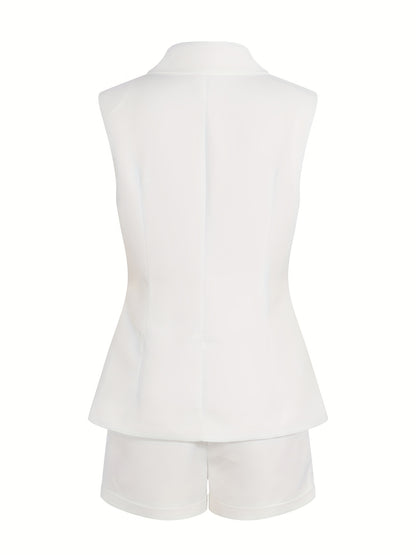Women's New Solid Color Faux Pocket Vest and Wide-Leg Shorts Set, Stylish Vacation-Inspired Top and Bottoms Outfit