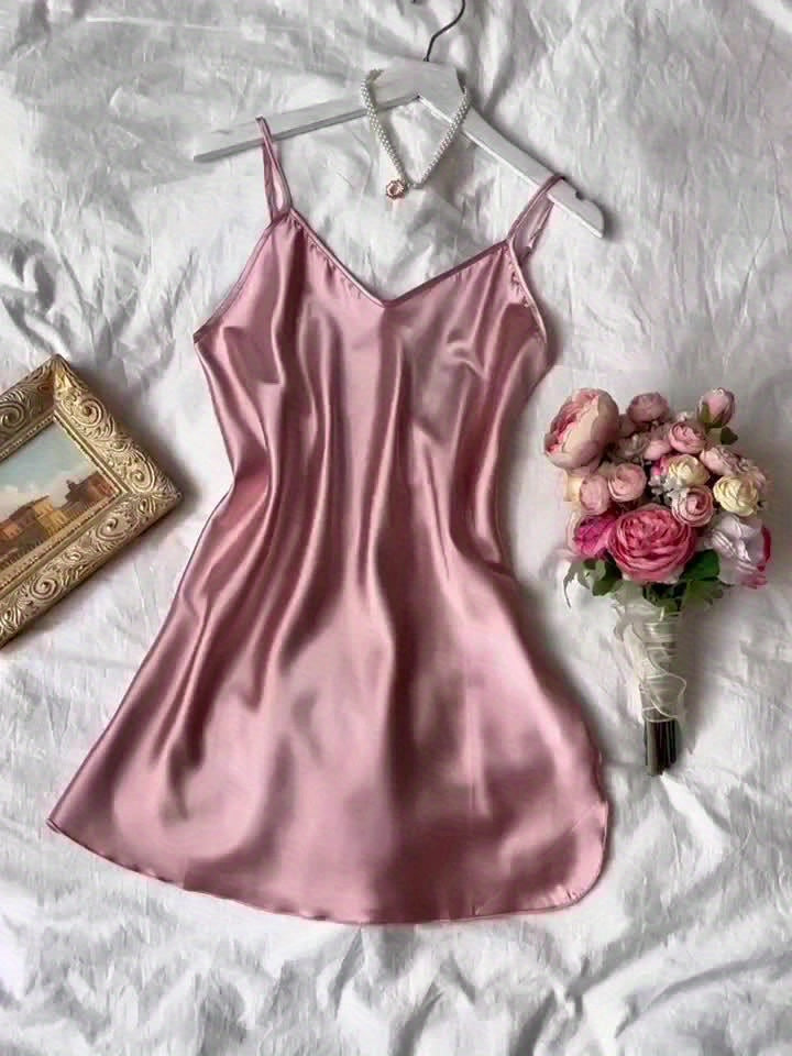 3pcs Comfortable Solid Color Satin Sleeping Skirt Non Elastic Soft Fabric Sexy V-neck Strap Skirt Home Sleeping Skirt