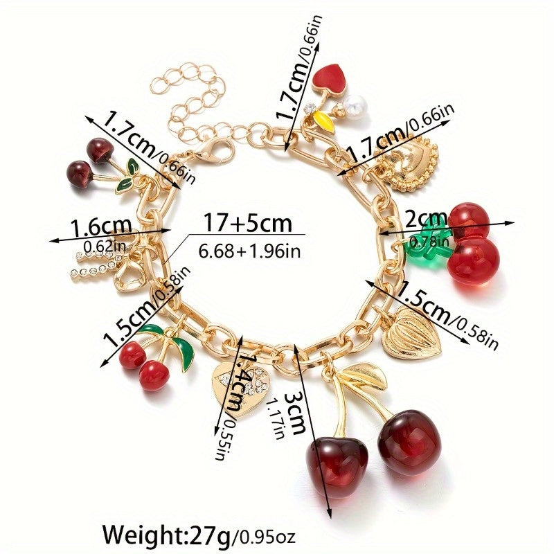 Women's Cherry Bracelet - Red & Golden-Tone Charms, Everyday & Formal Jewelry Gift for Birthdays, Anniversaries, Valentine's Day - Cute Cherry Jewelry for Women s, Cute Jewelry, Playful Design, Delicate Clasp