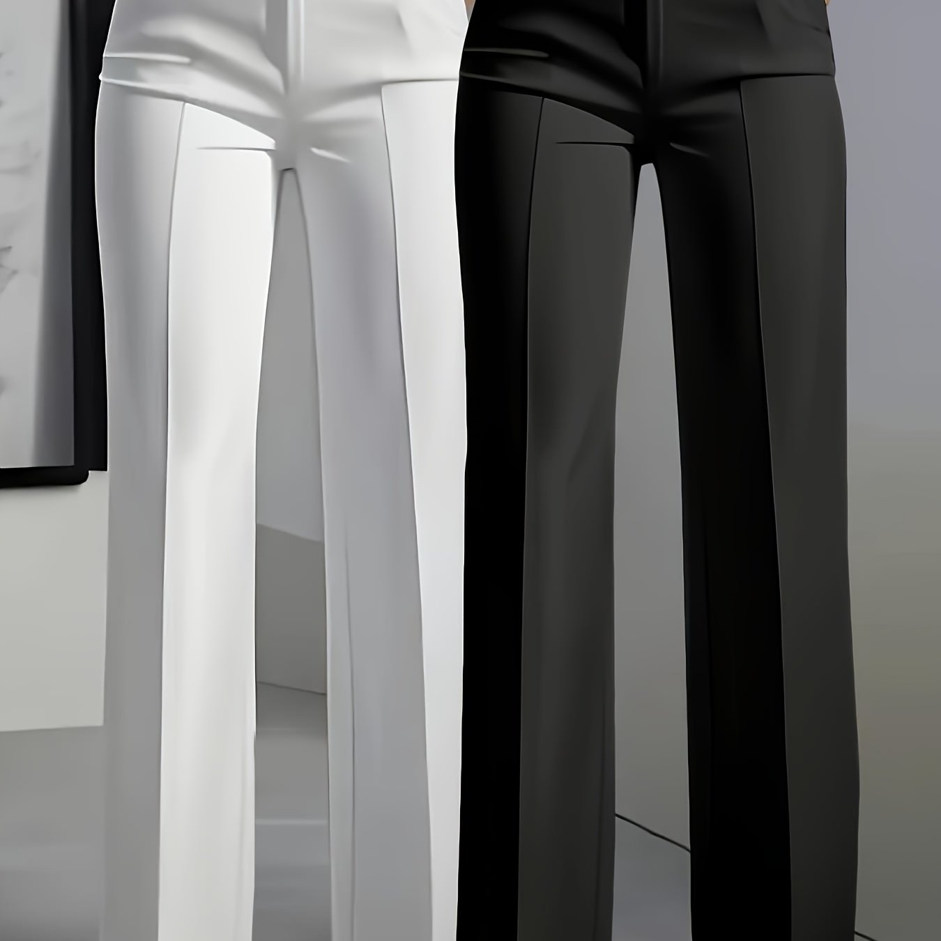 Set of Two Elegant Solid Color Straight-Leg Pants for Women with Slant Pockets.
