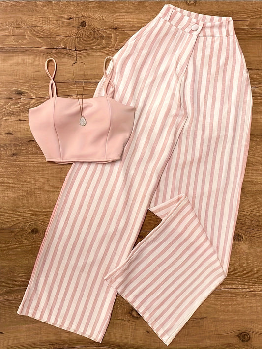 Women's Premium Pink Slimming Suspenders + Vertical Stripe Wide Leg Pants, Visual Lengthening and Slimming, Versatile and Comfortable
