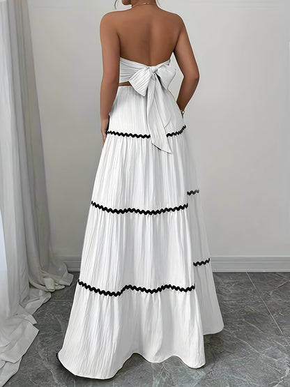 23246-0 Women'S Black and White Striped Maxi Skirt Set - Sleeveless, Tie-Back Detail, Casual Style, All-Season Wear, Casual Attire|Striped Skirt|Polyester Fabric