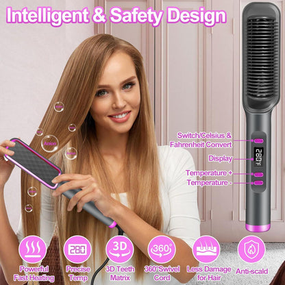 [10s Fast Hair Straightener] Fast 10s Hair Straightener Brush | LCD Display, Negative Ions, 5 Temps, Anti-Scald, Quilted Grip Design | Pink & Purple Accents, Sleek Black Finish
