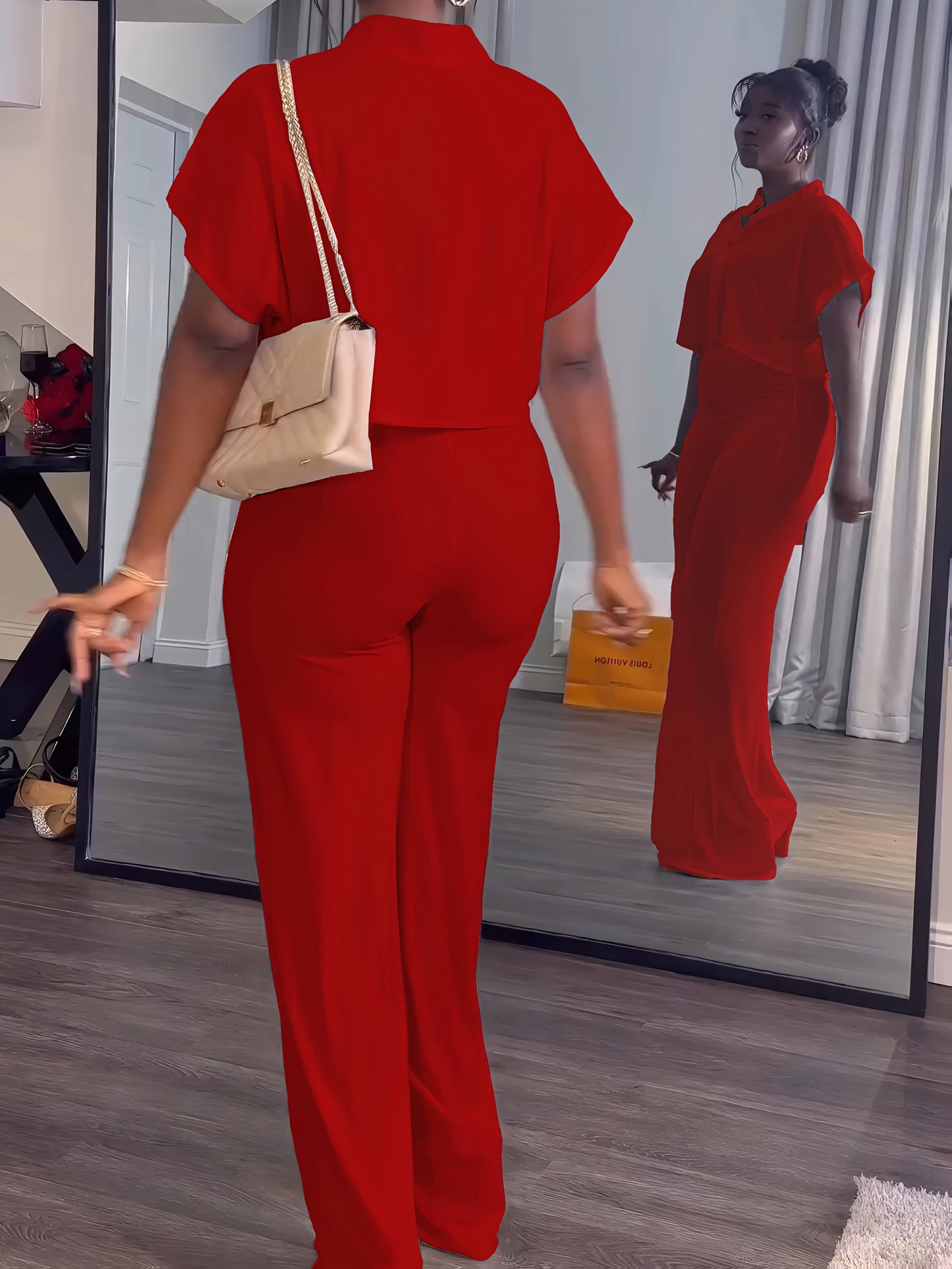 [Summer|Casual] 2pcs Women's Summer Casual | Short Sleeve Button Crop Top Wide Leg Long Pant Lounge Sets