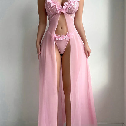 2 Sets Of Europe And The United States Sexy Love Interest Pajamas Female Temptation Open Fork See-through Halter Dress Long Skirt Thong Pants Two Sets to Send A Lover Gift Lover