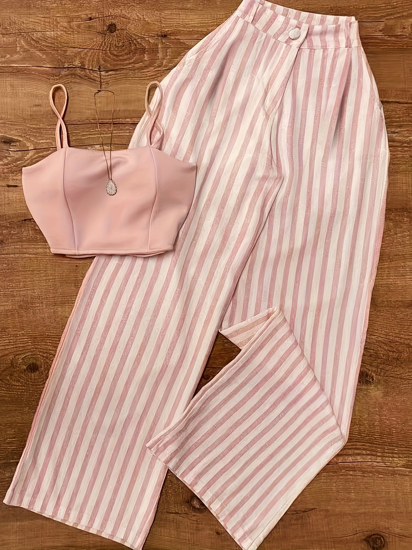 Women's Premium Pink Slimming Suspenders + Vertical Stripe Wide Leg Pants, Visual Lengthening and Slimming, Versatile and Comfortable