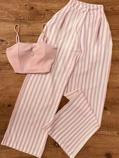 Women's Premium Pink Slimming Suspenders + Vertical Stripe Wide Leg Pants, Visual Lengthening and Slimming, Versatile and Comfortable