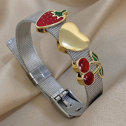 1pc Stainless Steel Vintage-Style Golden & Silvery Enamel Strawberry & Cherry Bracelet for Women, Men, - Exaggerated Statement Bangles, Perfect for Daily Wear, Parties, and Gifts, Cute Bracelet