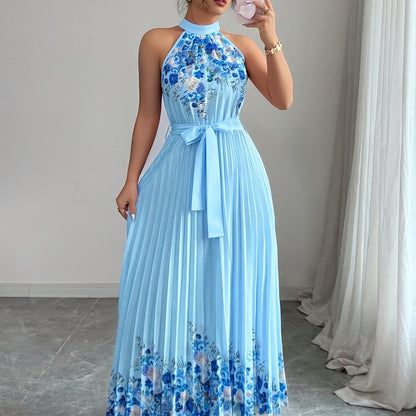 [Elegant Floral Print Dress] Women's Elegant Floral Print Sleeveless A-Line Dress - Vibrant Pink Round Neck Machine-Washable Spring/Summer Casual & Formal Wear, Floral Print Dress, No Stretch Fabric