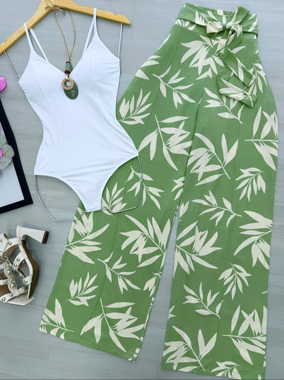 Elegant Off-Shoulder White Jumpsuit with Wide Leg Pants & Tie Waist Set, Leaf Pattern, Lace-Up Detail, Strapless Design for Women - Perfect for Spring/Summer, Versatile Fashion Outfit|Elegant Offshoulder|Tied Waist Design