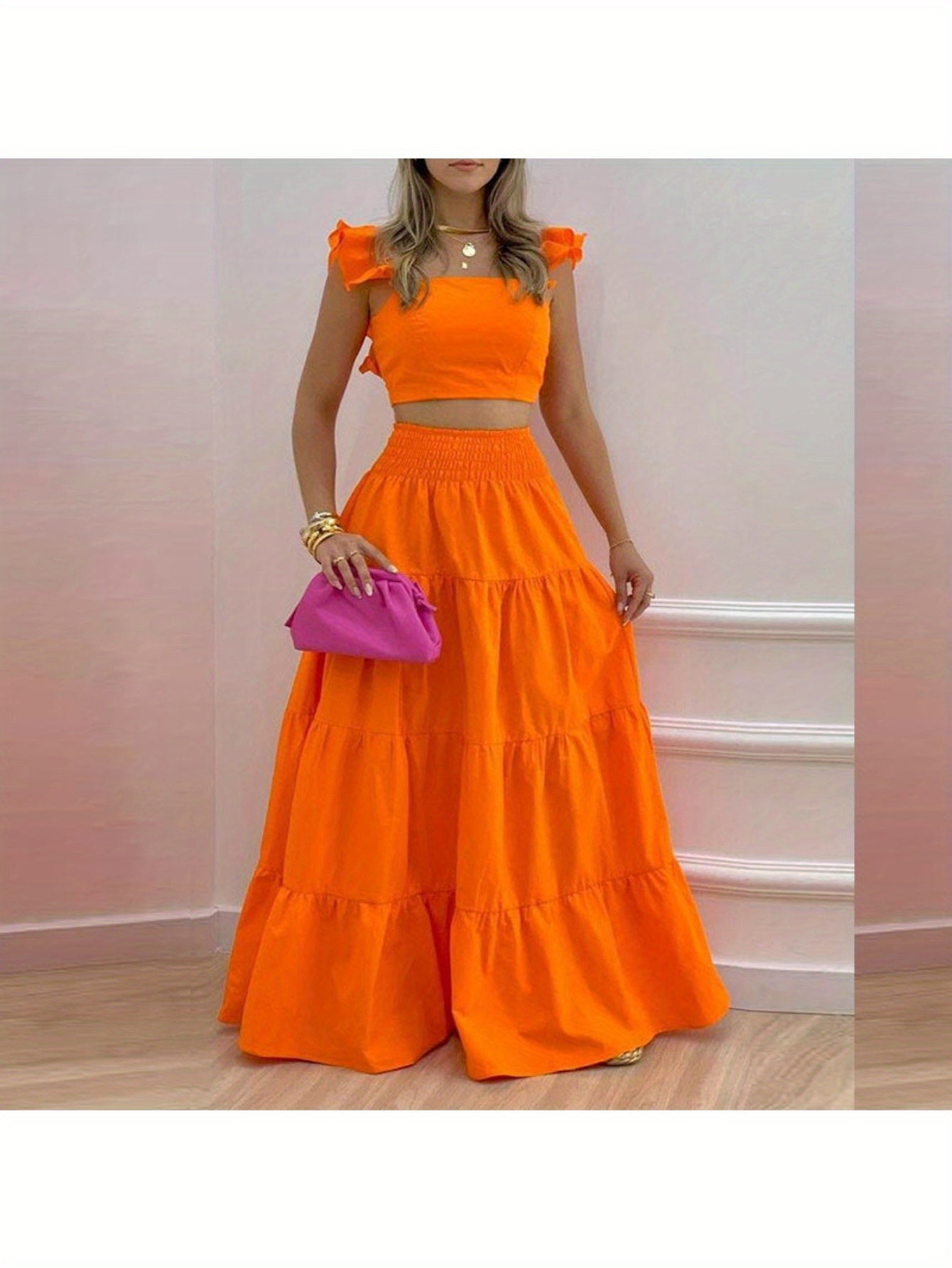 2025 Spring New European and American Commuting Mid-Waist Sexy Suspenders Large Swing Skirt Fashion Suit Women's Two-Piece Set
