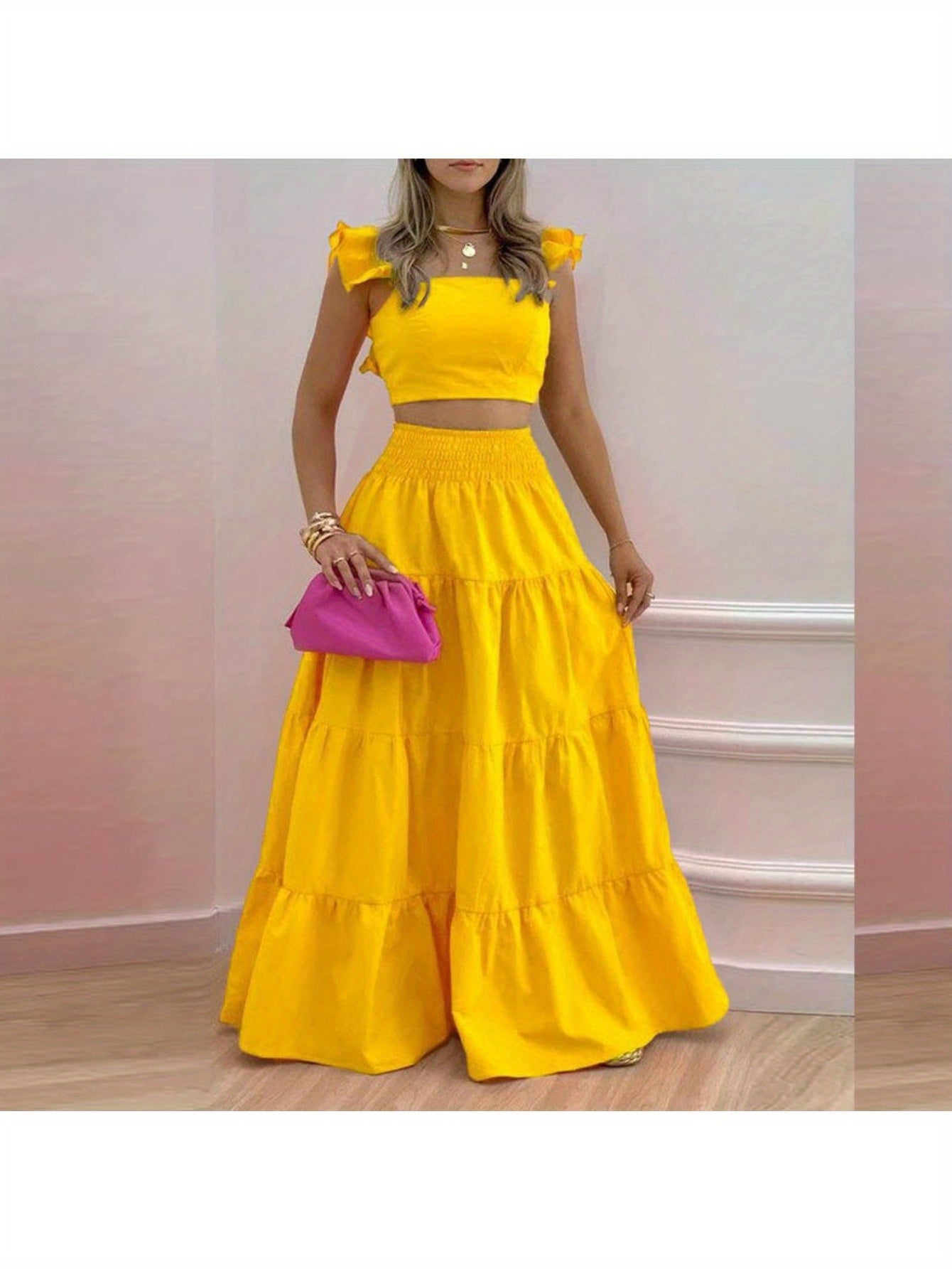 2025 Spring New European and American Commuting Mid-Waist Sexy Suspenders Large Swing Skirt Fashion Suit Women's Two-Piece Set
