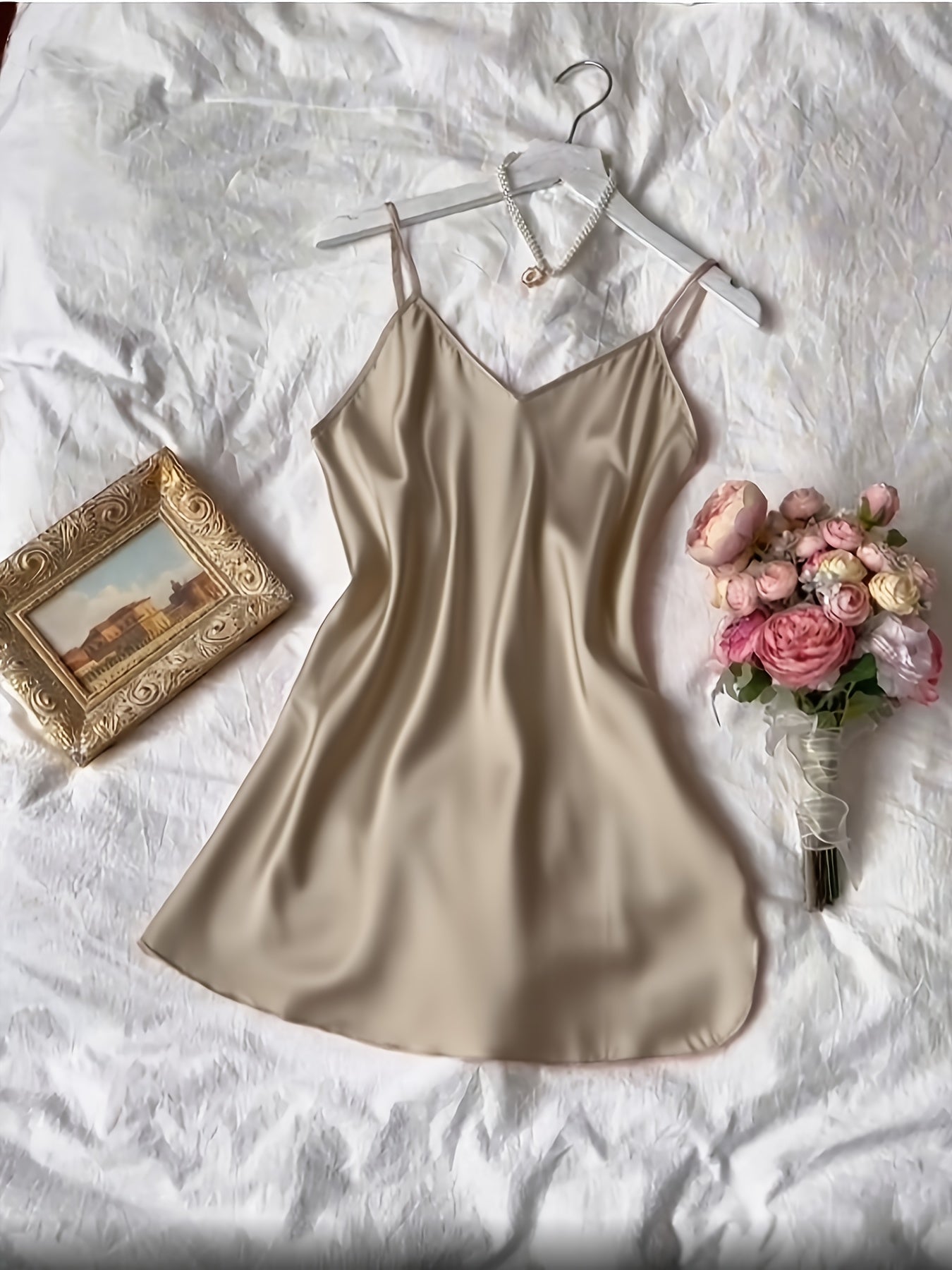 3pcs Comfortable Solid Color Satin Sleeping Skirt Non Elastic Soft Fabric Sexy V-neck Strap Skirt Home Sleeping Skirt