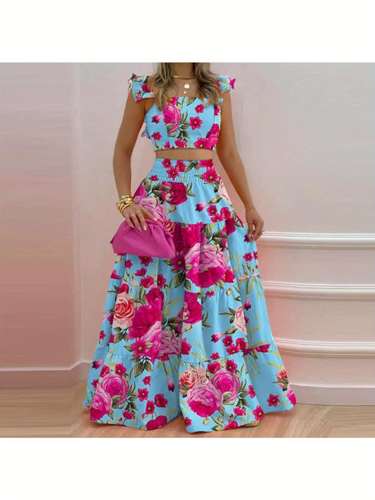 2025 Spring New European and American Commuting Mid-Waist Sexy Suspenders Large Swing Skirt Fashion Suit Women's Two-Piece Set
