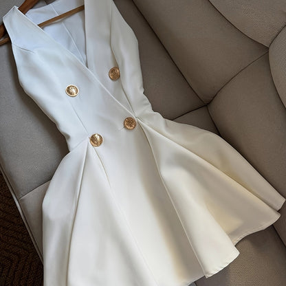 [Elegant White Vest Dress] Elegant White Double-Breasted Cross-Back Vest Dress | Stylish for Dates and Vacations