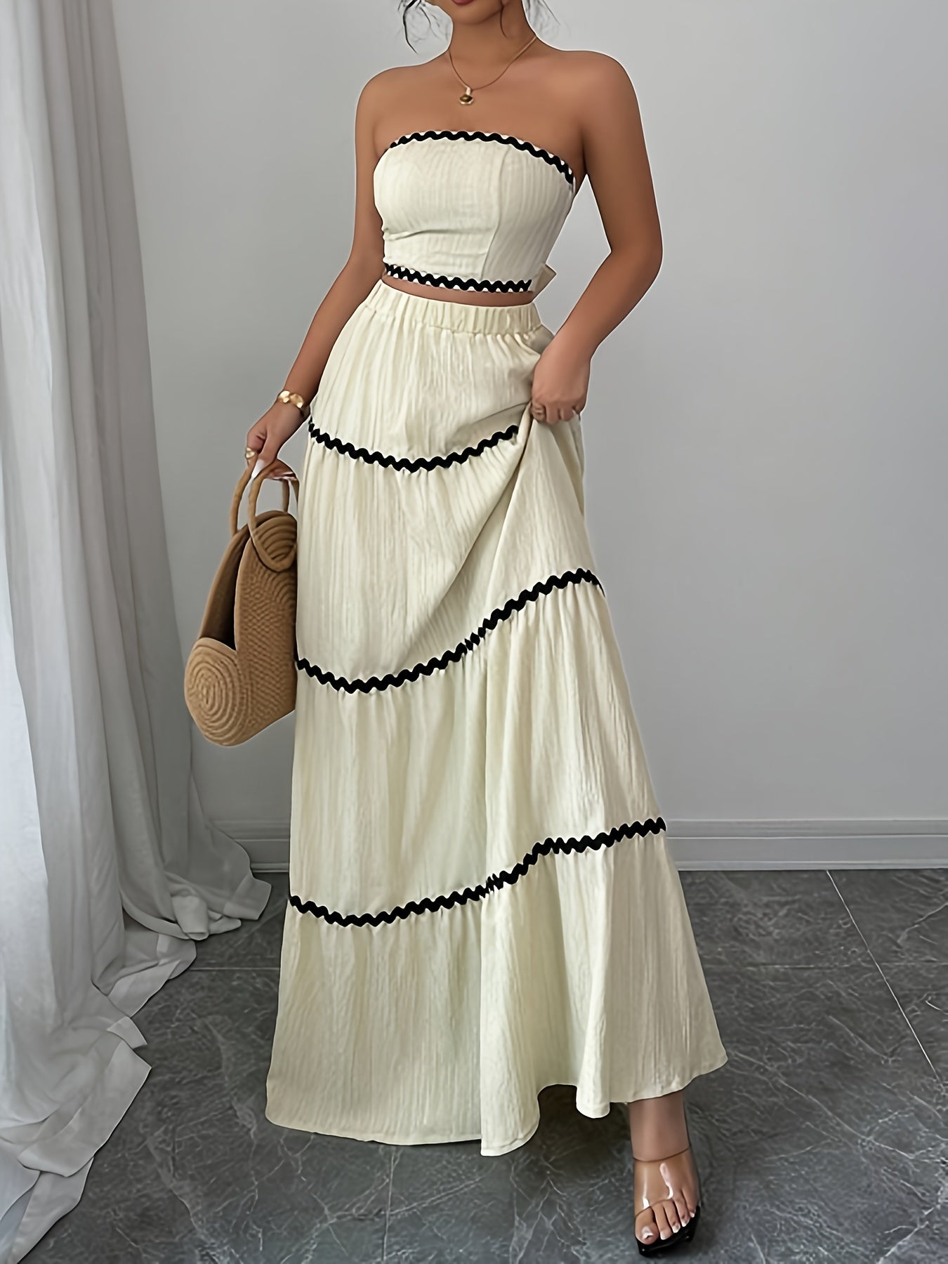 23246-0 Women'S Black and White Striped Maxi Skirt Set - Sleeveless, Tie-Back Detail, Casual Style, All-Season Wear, Casual Attire|Striped Skirt|Polyester Fabric