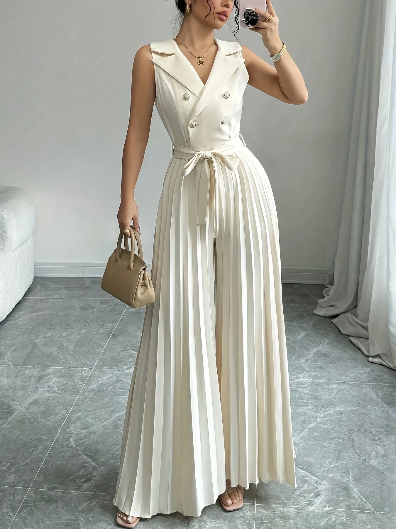 [Elegant Jumpsuit] Sleeveless Elegant Apricot Double-Breasted Pleated Jumpsuit for Women | High-Waisted, Polyester Blend, Perfect for Spring & Fall, Adult Size