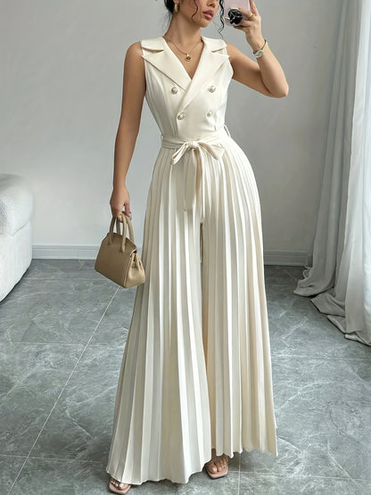 [Elegant Jumpsuit] Sleeveless Elegant Apricot Double-Breasted Pleated Jumpsuit for Women | High-Waisted, Polyester Blend, Perfect for Spring & Fall, Adult Size