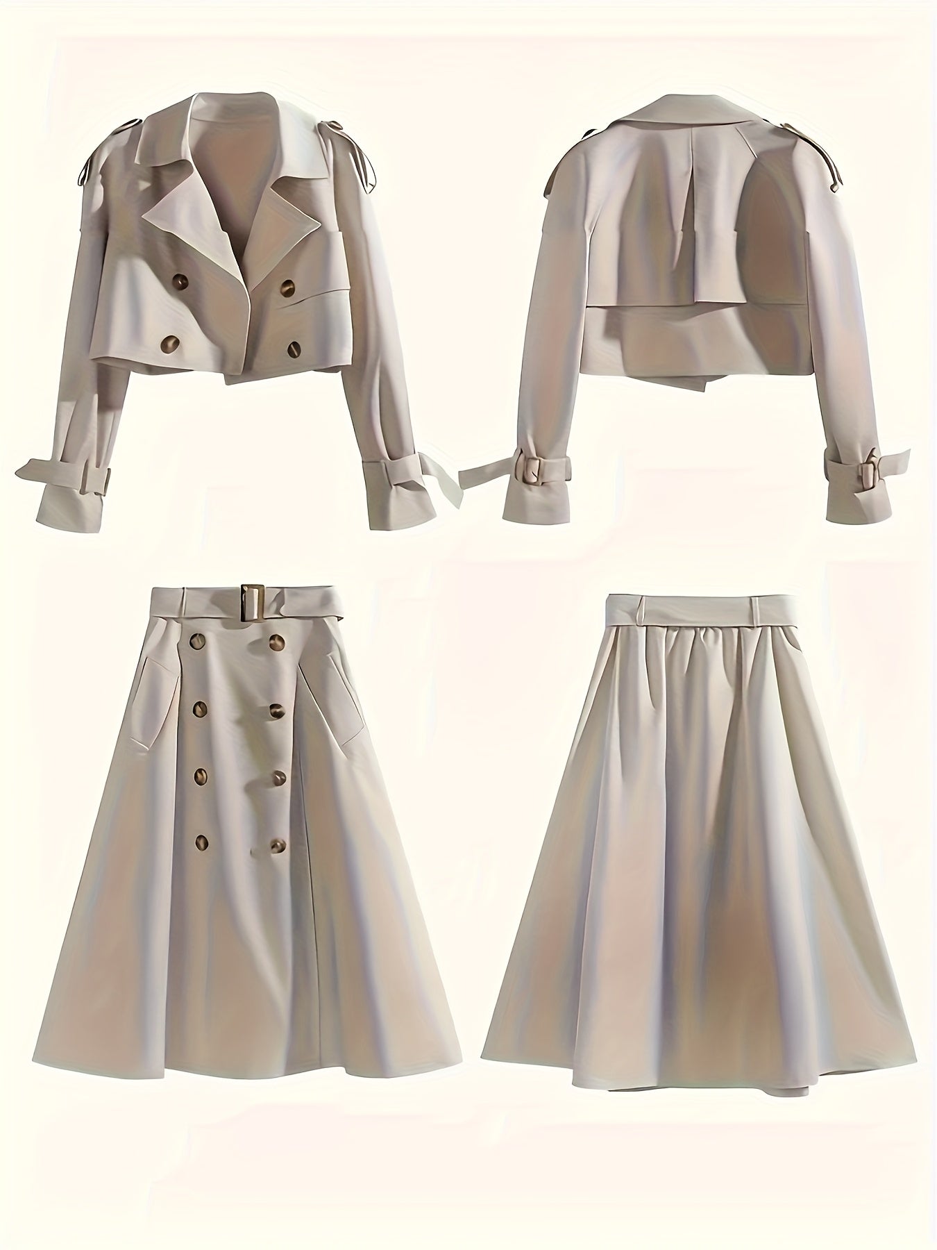 2025 New Arrivals In Elegant Style: Stylish Set Of Short Windbreaker Coat + High-waist Double-breasted Skirt, Perfect for Office Commuting.