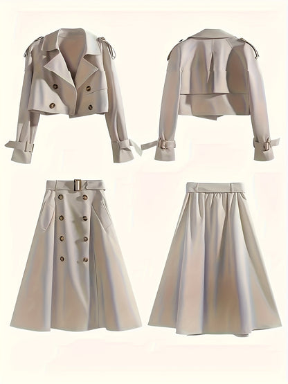 2025 New Arrivals In Elegant Style: Stylish Set Of Short Windbreaker Coat + High-waist Double-breasted Skirt, Perfect for Office Commuting.