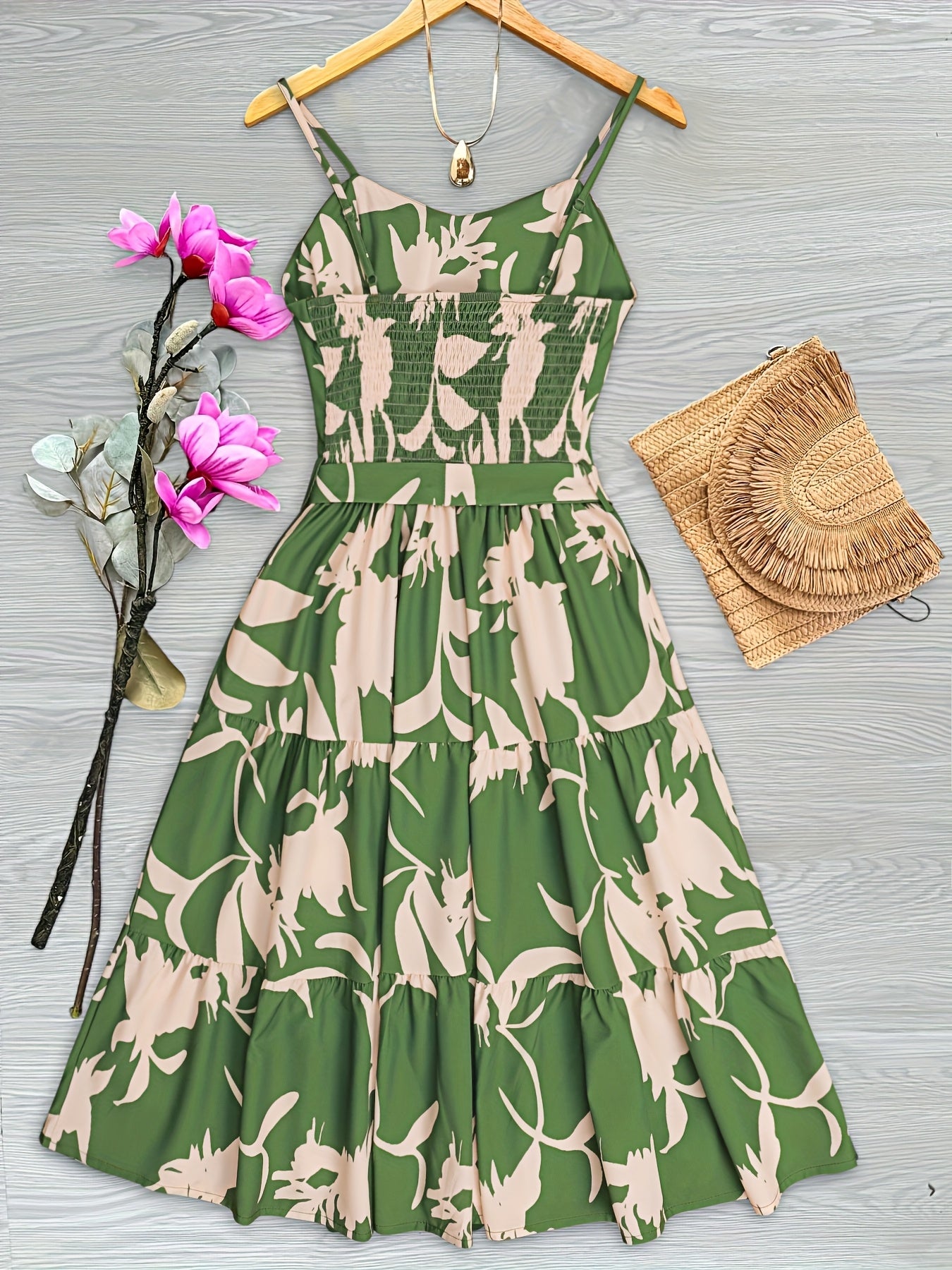[Floral Maxi Dress] Lightweight Polyester Elegant Green & White Floral Print Sleeveless Maxi Dress with Tie Waist | Ruffled Hem, Perfect for Spring/Summer, Adult Women's Fashion