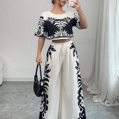 Digital Printing Positioning Floral Wide-Leg Pants Two-Piece Set