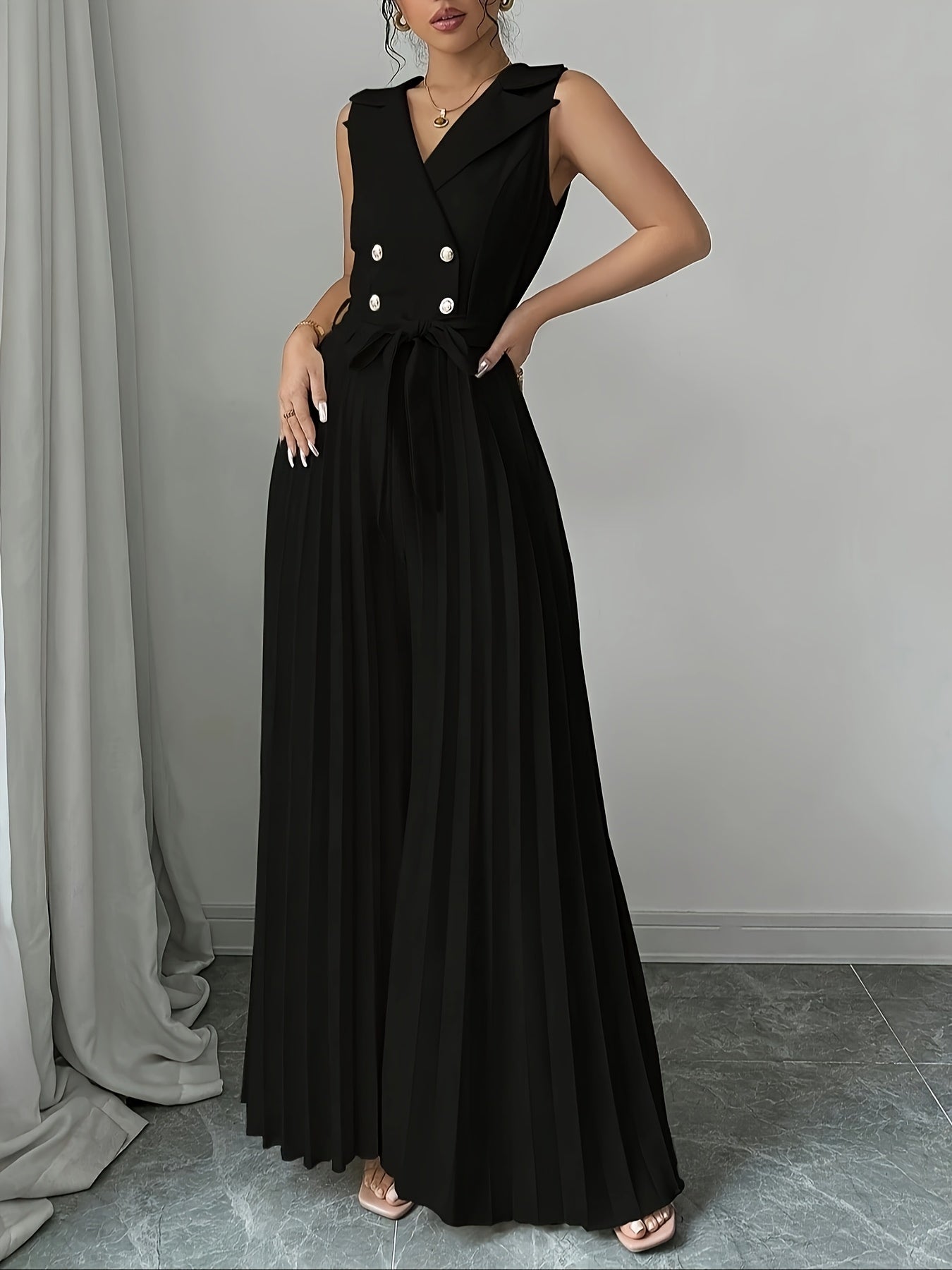 [Elegant Jumpsuit] Sleeveless Elegant Apricot Double-Breasted Pleated Jumpsuit for Women | High-Waisted, Polyester Blend, Perfect for Spring & Fall, Adult Size