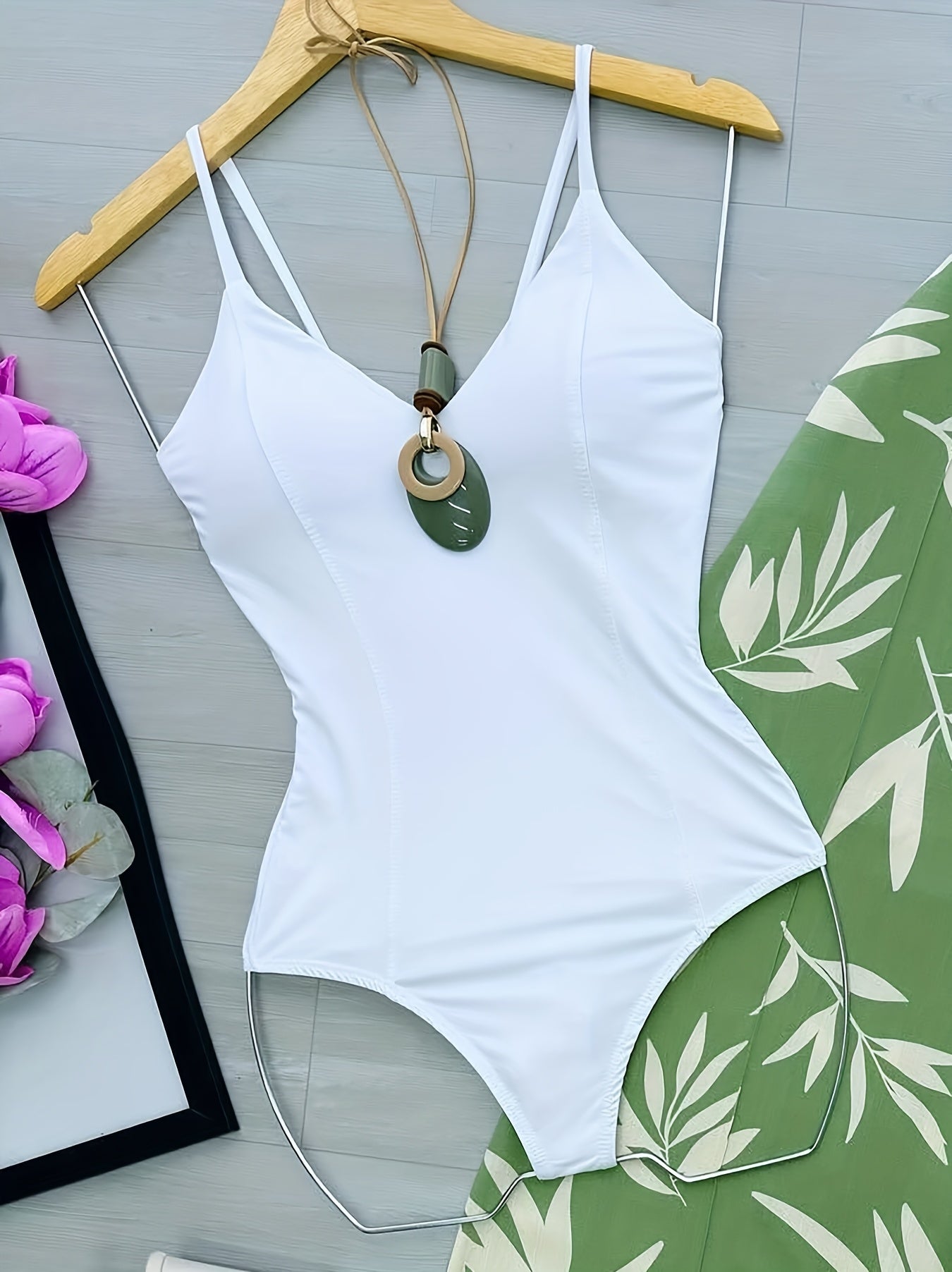Elegant Off-Shoulder White Jumpsuit with Wide Leg Pants & Tie Waist Set, Leaf Pattern, Lace-Up Detail, Strapless Design for Women - Perfect for Spring/Summer, Versatile Fashion Outfit|Elegant Offshoulder|Tied Waist Design