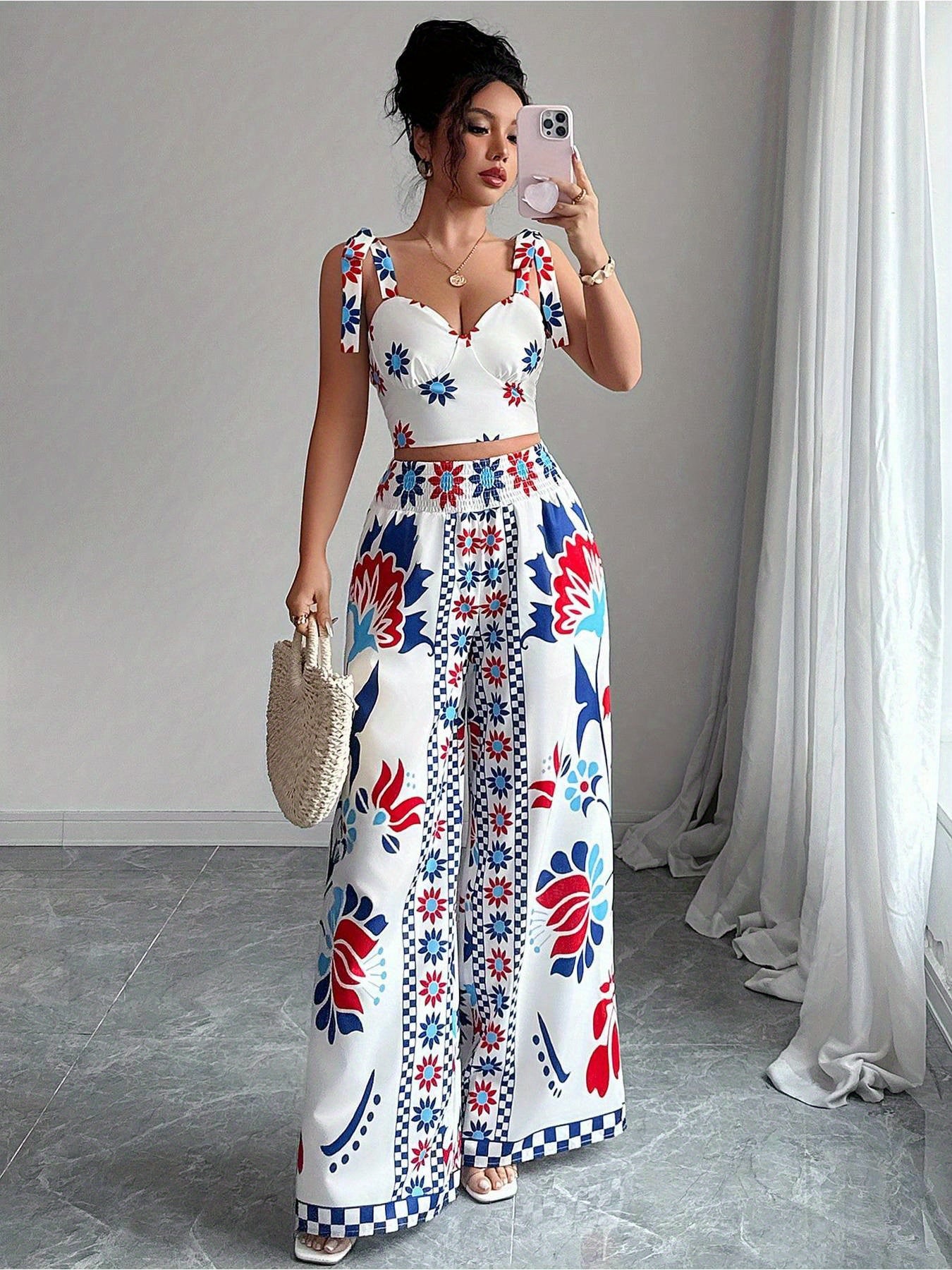 Women'S Elegant Geometric Print Wide-Leg Pantsuit - Sleeveless, Polyester, All-Season, Casual to Formal Attire, Casual Attire|Geometric Print Pantsuit|Polyester Fabric