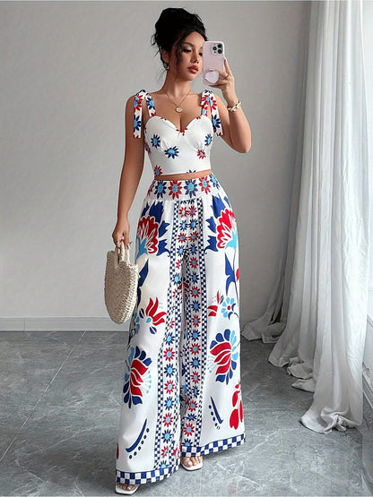 Women'S Elegant Geometric Print Wide-Leg Pantsuit - Sleeveless, Polyester, All-Season, Casual to Formal Attire, Casual Attire|Geometric Print Pantsuit|Polyester Fabric