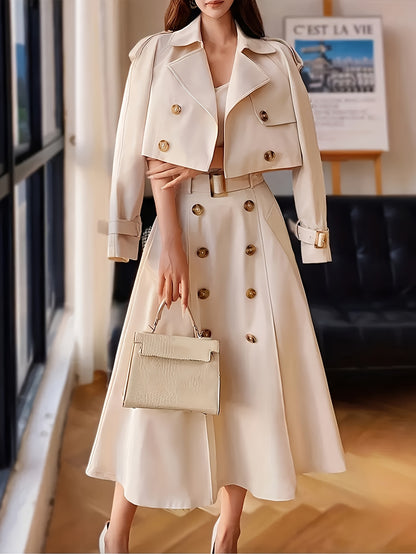 2025 New Arrivals In Elegant Style: Stylish Set Of Short Windbreaker Coat + High-waist Double-breasted Skirt, Perfect for Office Commuting.