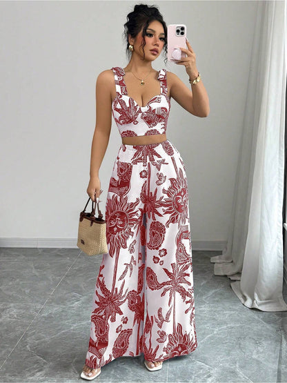 Digital Printing Random Printing Vest Wide Leg Pants Two-Piece Set