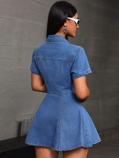 Women's Classic denim dress - Structured fit, Belted waist, Mid-thigh length, Lapel collar, Machine Washable Everyday & Formal Outfits - Casual to Formal Events, Jeans Dress, Versatile Event Wear, Enhanced Bust Silhouette