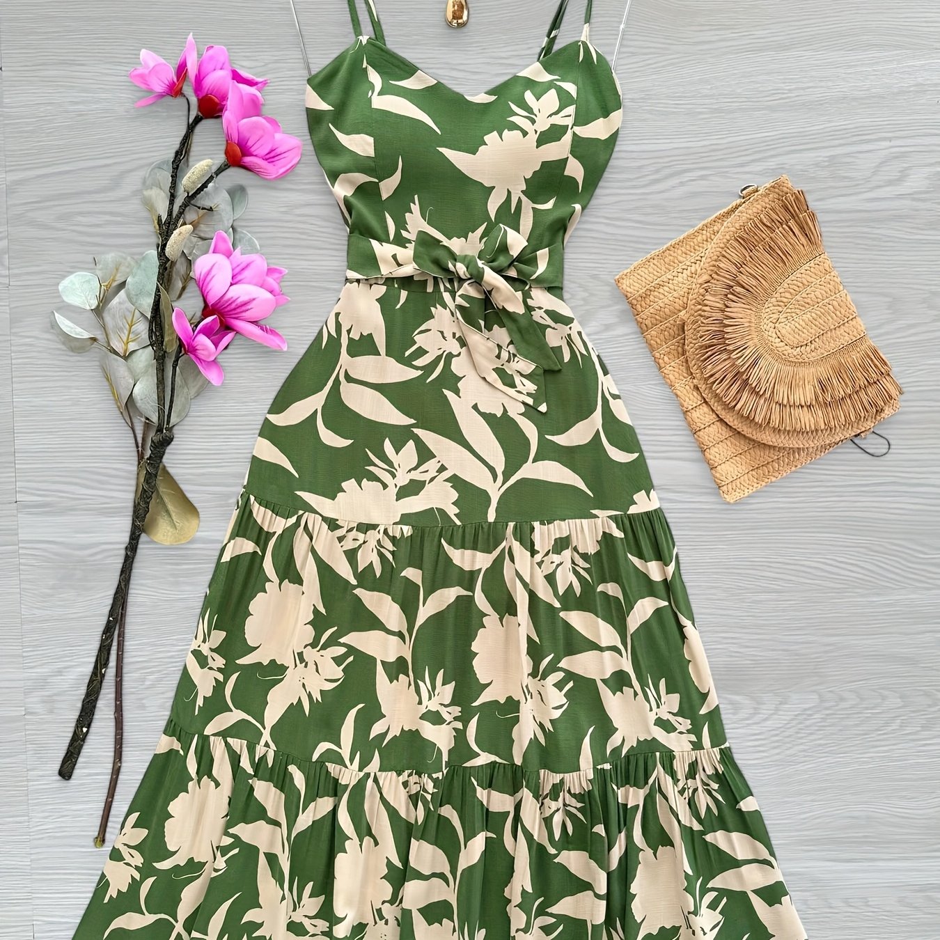 [Floral Maxi Dress] Lightweight Polyester Elegant Green & White Floral Print Sleeveless Maxi Dress with Tie Waist | Ruffled Hem, Perfect for Spring/Summer, Adult Women's Fashion