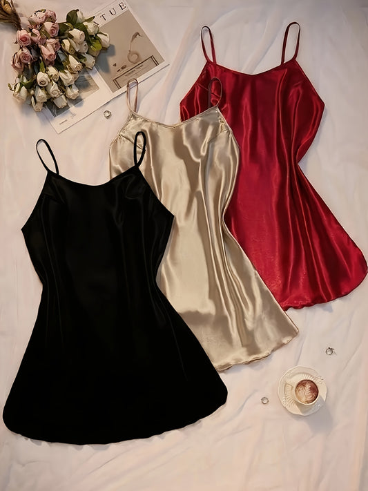 3pcs Comfortable Solid Color Satin Sleeping Skirt Non Elastic Soft Fabric Sexy V-neck Strap Skirt Home Sleeping Skirt