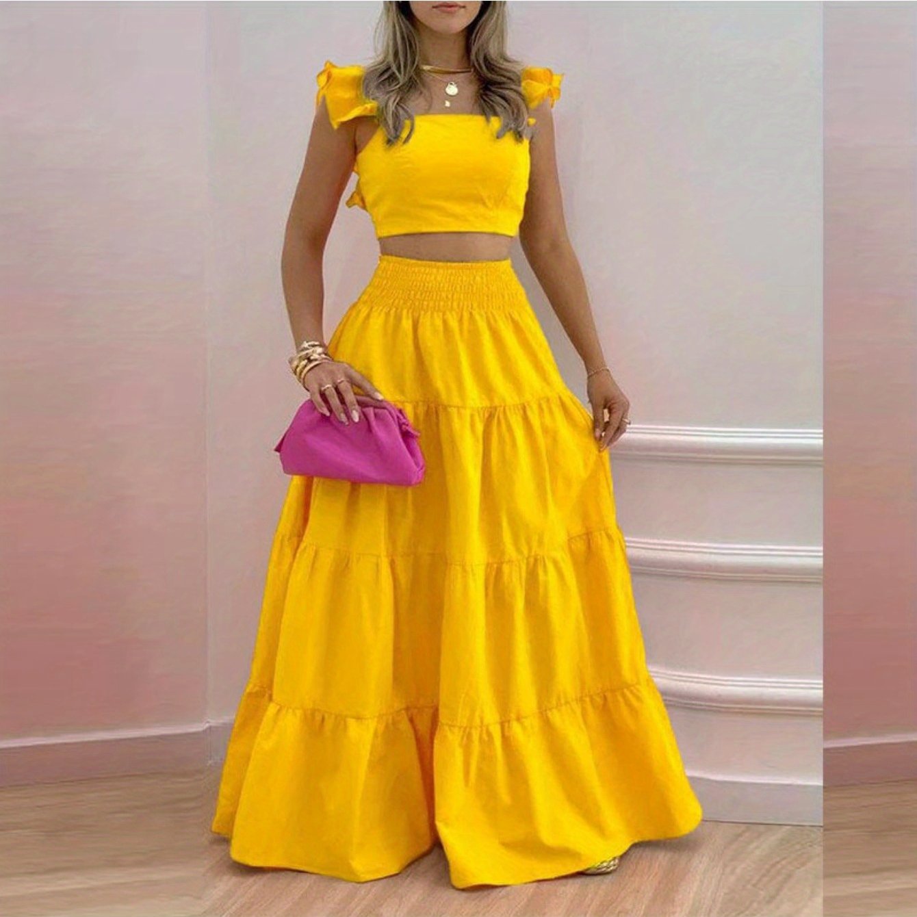 2025 Spring New European and American Commuting Mid-Waist Sexy Suspenders Large Swing Skirt Fashion Suit Women's Two-Piece Set