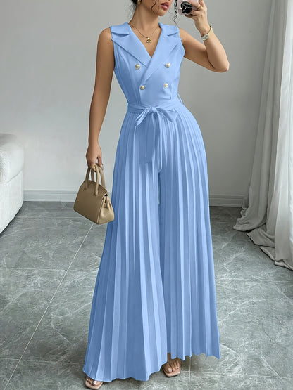 [Elegant Jumpsuit] Sleeveless Elegant Apricot Double-Breasted Pleated Jumpsuit for Women | High-Waisted, Polyester Blend, Perfect for Spring & Fall, Adult Size