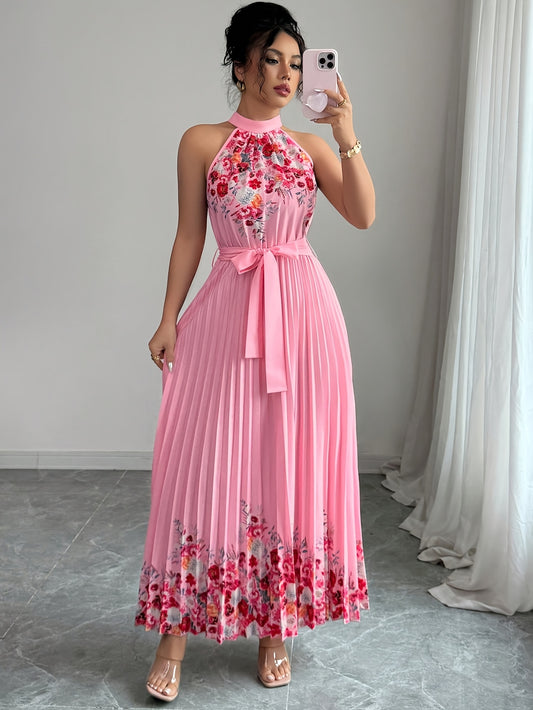 [Elegant Floral Print Dress] Women's Elegant Floral Print Sleeveless A-Line Dress - Vibrant Pink Round Neck Machine-Washable Spring/Summer Casual & Formal Wear, Floral Print Dress, No Stretch Fabric