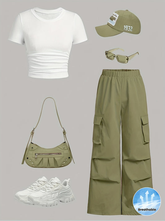 Women'S 2pcs Casual Set - Round Neck Short Sleeve T-Shirt & Work Pants, Solid Color Comfort Outfit, Soft & Breathable For Everyday Wear