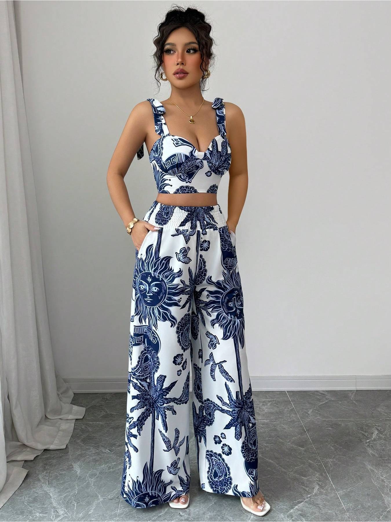 Digital Printing Random Printing Vest Wide Leg Pants Two-Piece Set