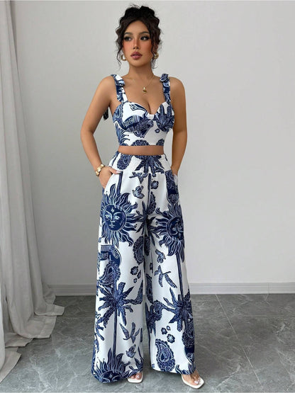 Digital Printing Random Printing Vest Wide Leg Pants Two-Piece Set