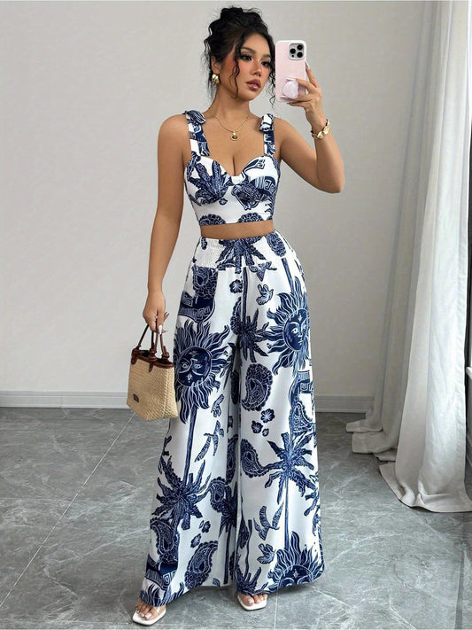 Digital Printing Random Printing Vest Wide Leg Pants Two-Piece Set