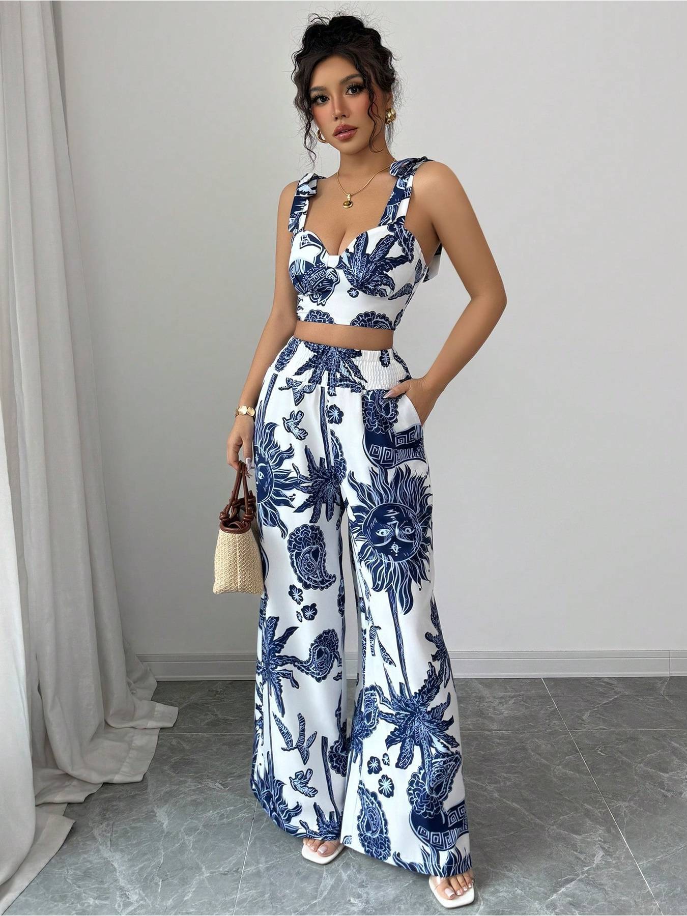 Digital Printing Random Printing Vest Wide Leg Pants Two-Piece Set