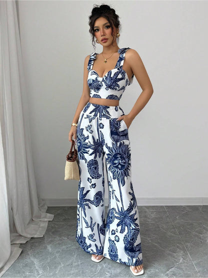 Digital Printing Random Printing Vest Wide Leg Pants Two-Piece Set
