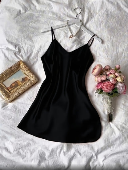 3pcs Comfortable Solid Color Satin Sleeping Skirt Non Elastic Soft Fabric Sexy V-neck Strap Skirt Home Sleeping Skirt