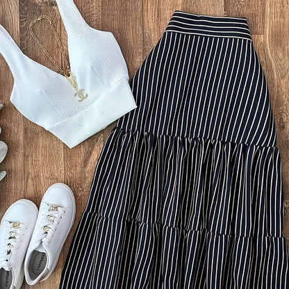 Elegant 2pcs Set for Women - Chic V-Neck Pleated High Waist Wide Skirt with Suspender Vest, Striped Skirt, All-Season Fashion, Casual Attire|Vneck Top|Suspender Vest, Vacation Outfit|Vacation Ready|Vacation Essentials, Vacati