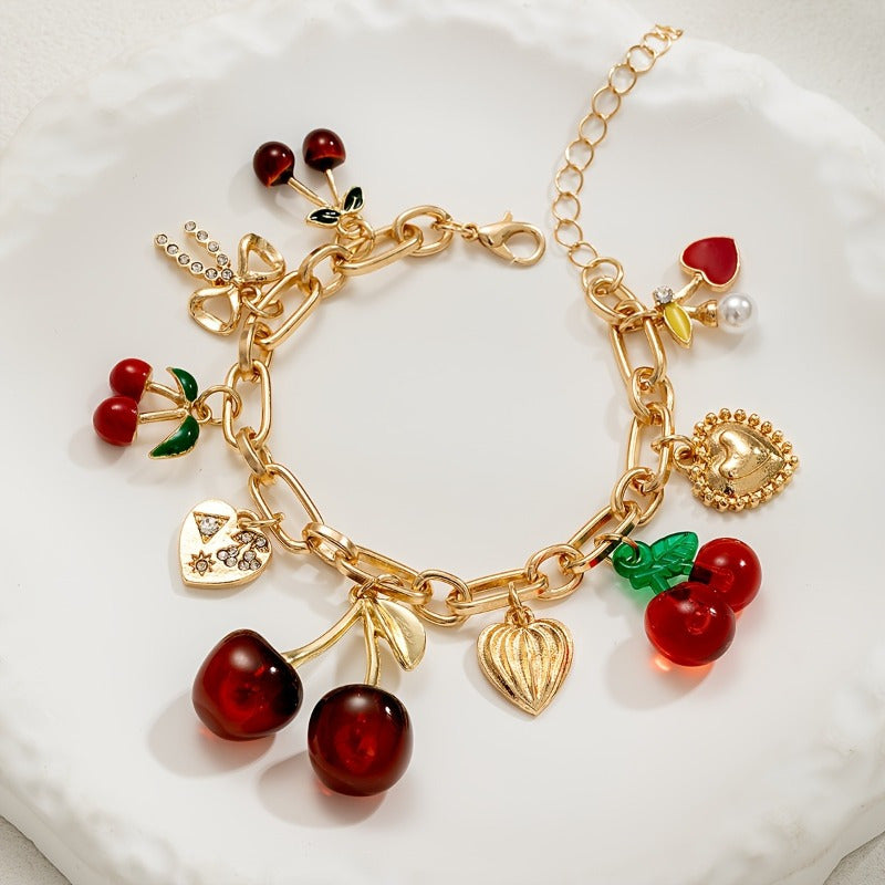 Women's Cherry Bracelet - Red & Golden-Tone Charms, Everyday & Formal Jewelry Gift for Birthdays, Anniversaries, Valentine's Day - Cute Cherry Jewelry for Women s, Cute Jewelry, Playful Design, Delicate Clasp
