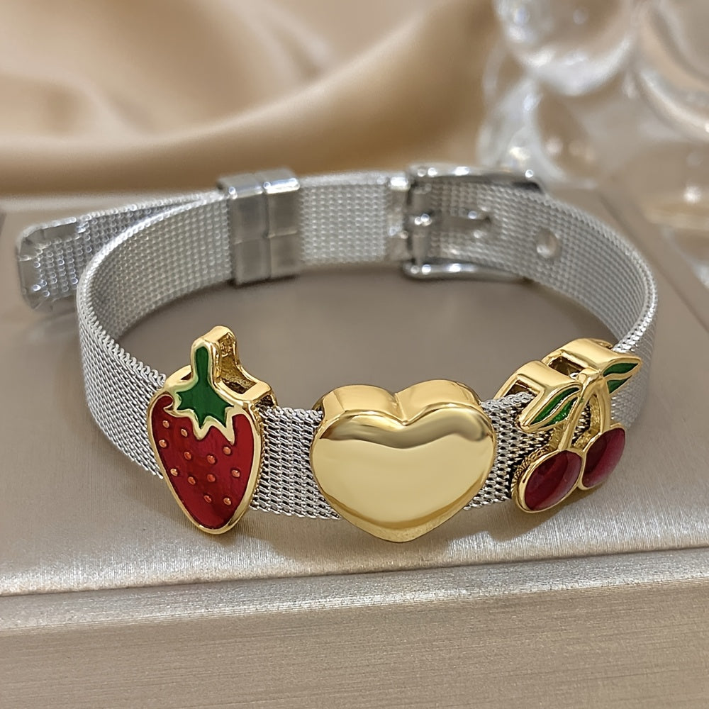 1pc Stainless Steel Vintage-Style Golden & Silvery Enamel Strawberry & Cherry Bracelet for Women, Men, - Exaggerated Statement Bangles, Perfect for Daily Wear, Parties, and Gifts, Cute Bracelet