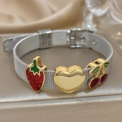 1pc Stainless Steel Vintage-Style Golden & Silvery Enamel Strawberry & Cherry Bracelet for Women, Men, - Exaggerated Statement Bangles, Perfect for Daily Wear, Parties, and Gifts, Cute Bracelet